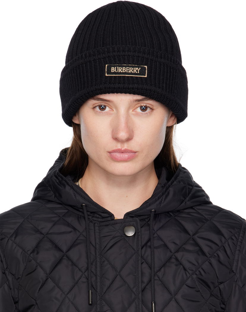 Шапка Burberry Wool Beanie with Logo Patch чорний | 8103340