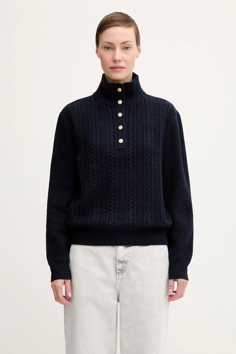 Cветр A.P.C. Thea Cable-Knit Mock Neck Button-Front Sweater темно-синій | WVBCZ.F23426