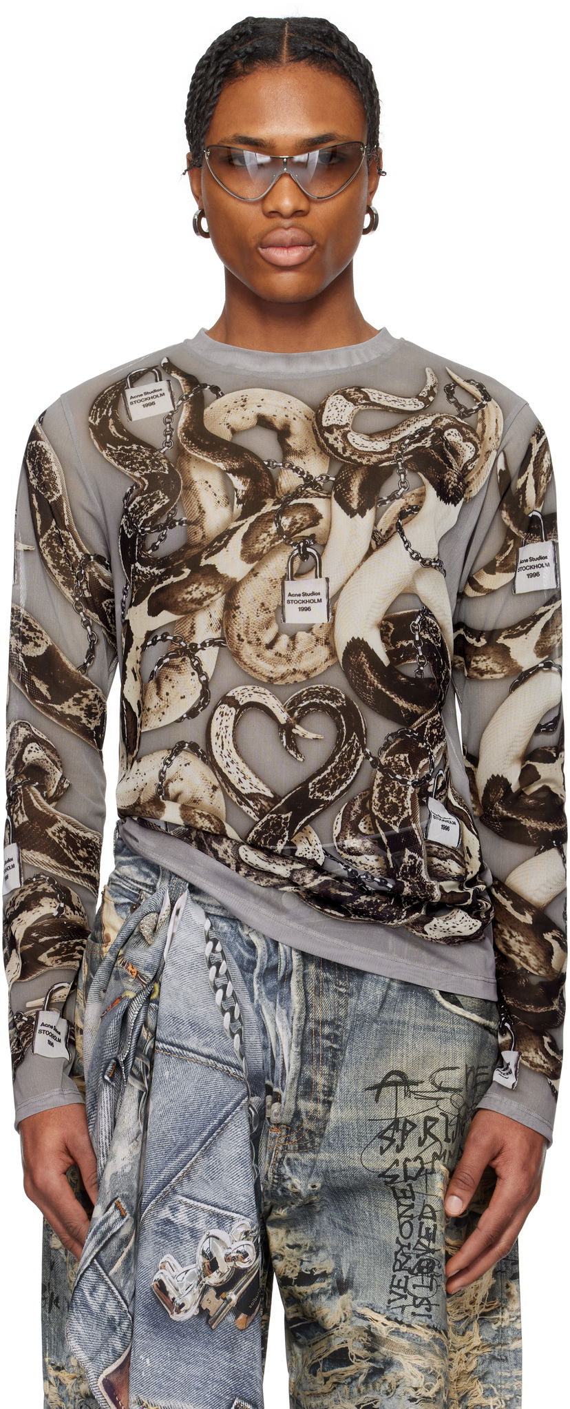 Футболка Acne Studios Acne Studios Printed Mesh Long Sleeve T-Shirt Сірий | BL0406-