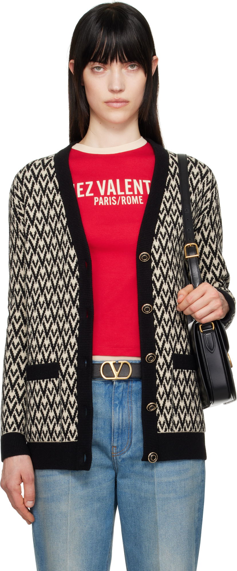 Cветр Valentino Valentino 'Toute La V' Chevron Knit Cardigan бежевий | 6B3KA09A929