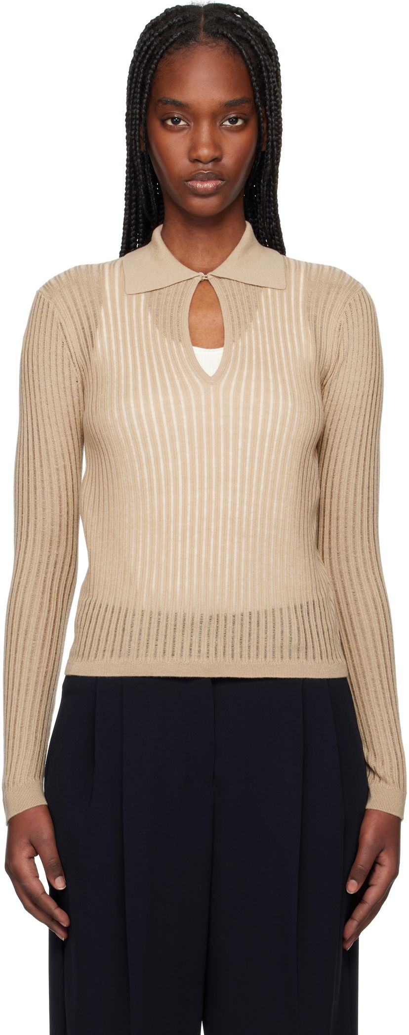 Cветр Max Mara Max Mara Ribbed Keyhole Polo Top бежевий | 2516361021600