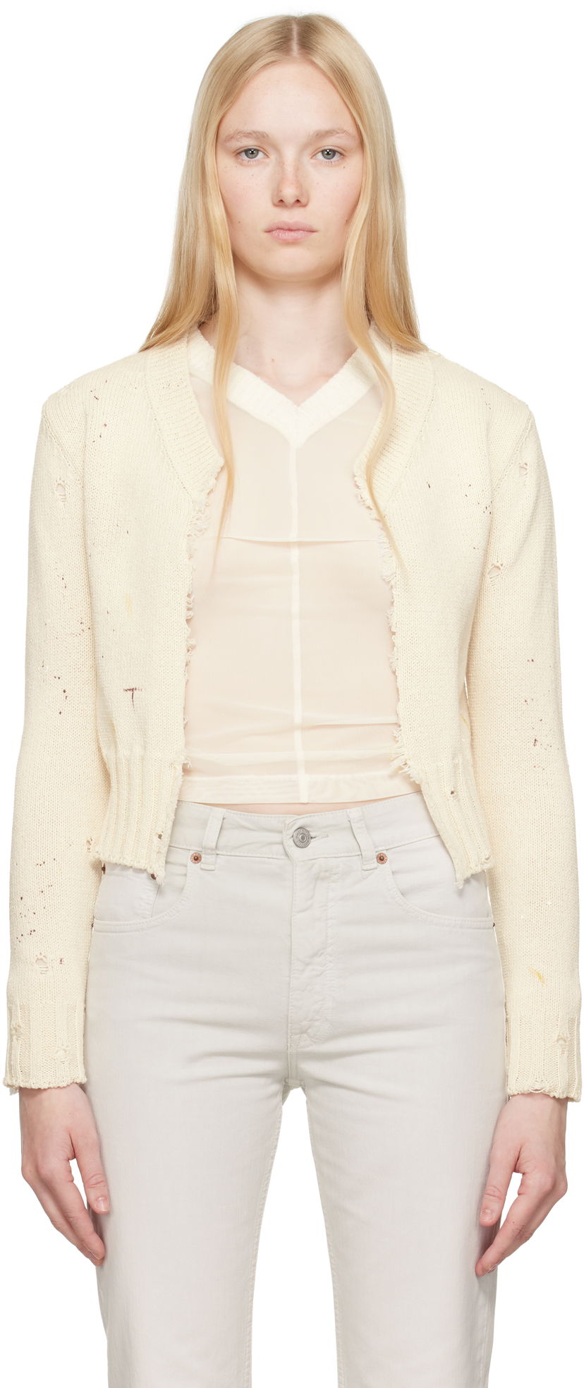 Cветр Maison Margiela MM6 Maison Margiela Paint Knit Cropped Cardigan білий | S62HP0027 M13123