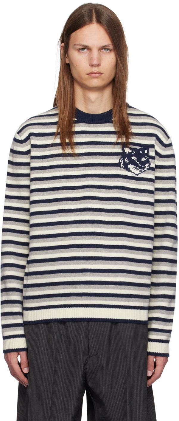 Cветр MAISON KITSUNÉ Striped Fox Head Intarsia Sweater Синій | NM00802KM0329
