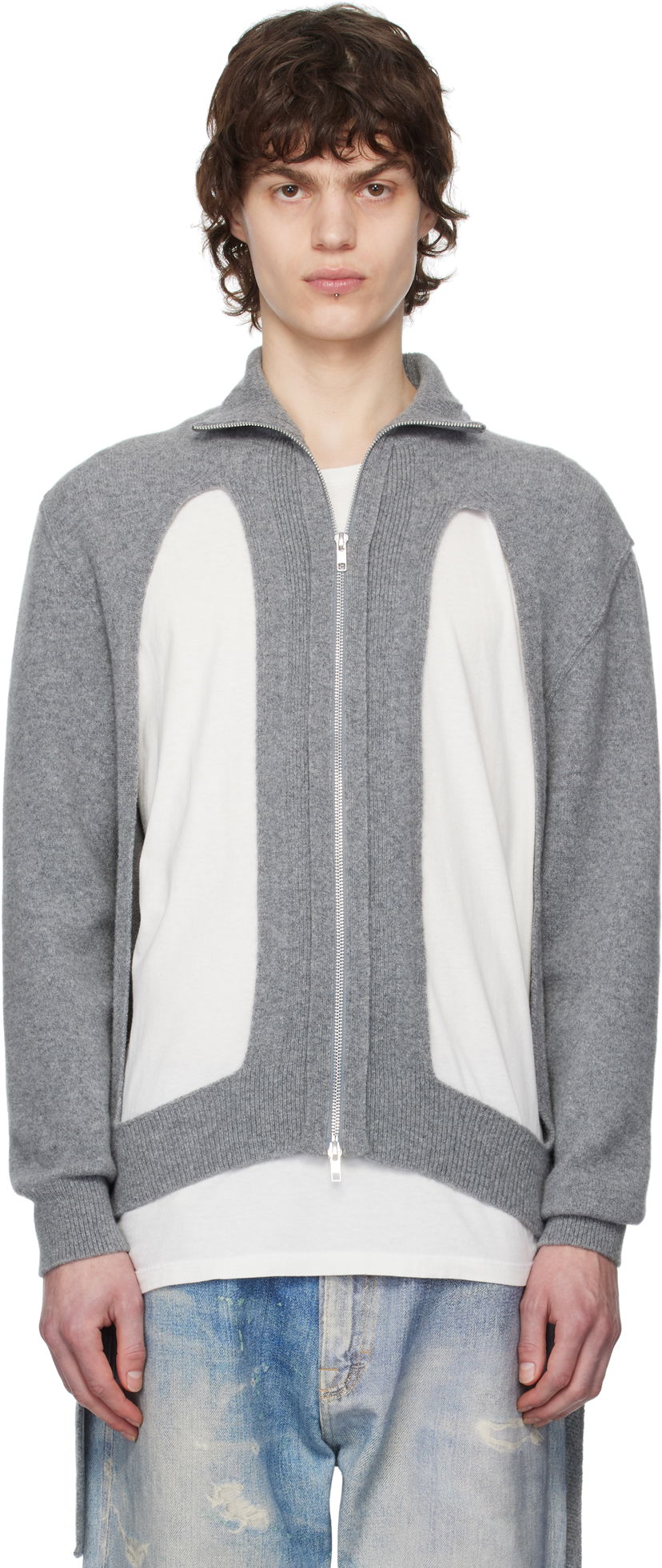 Cветр Simone Rocha Simone Rocha Zip Up Cut Out Window Cardigan Сірий | LMK4M 0660