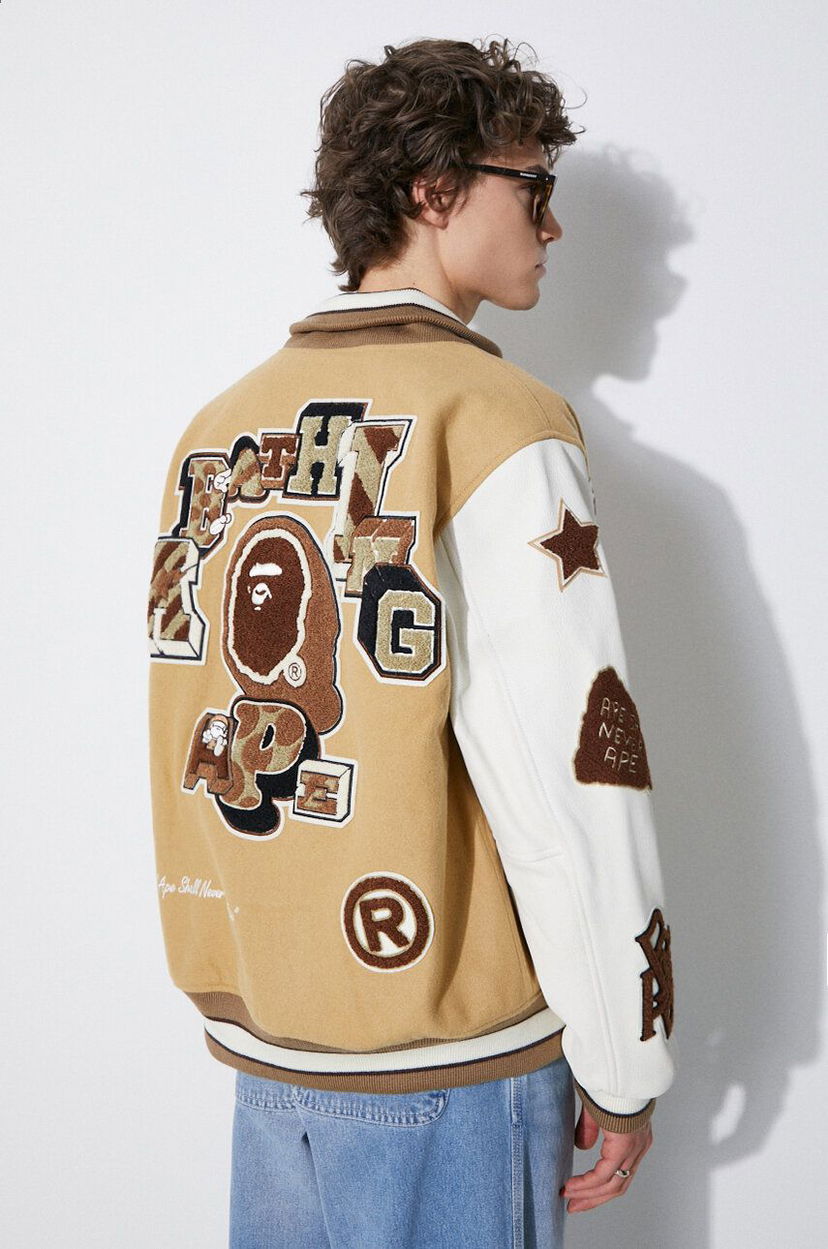 Куртка бомбер BAPE Multi Motif Varsity Bomber Jacket бежевий | 1J80141001