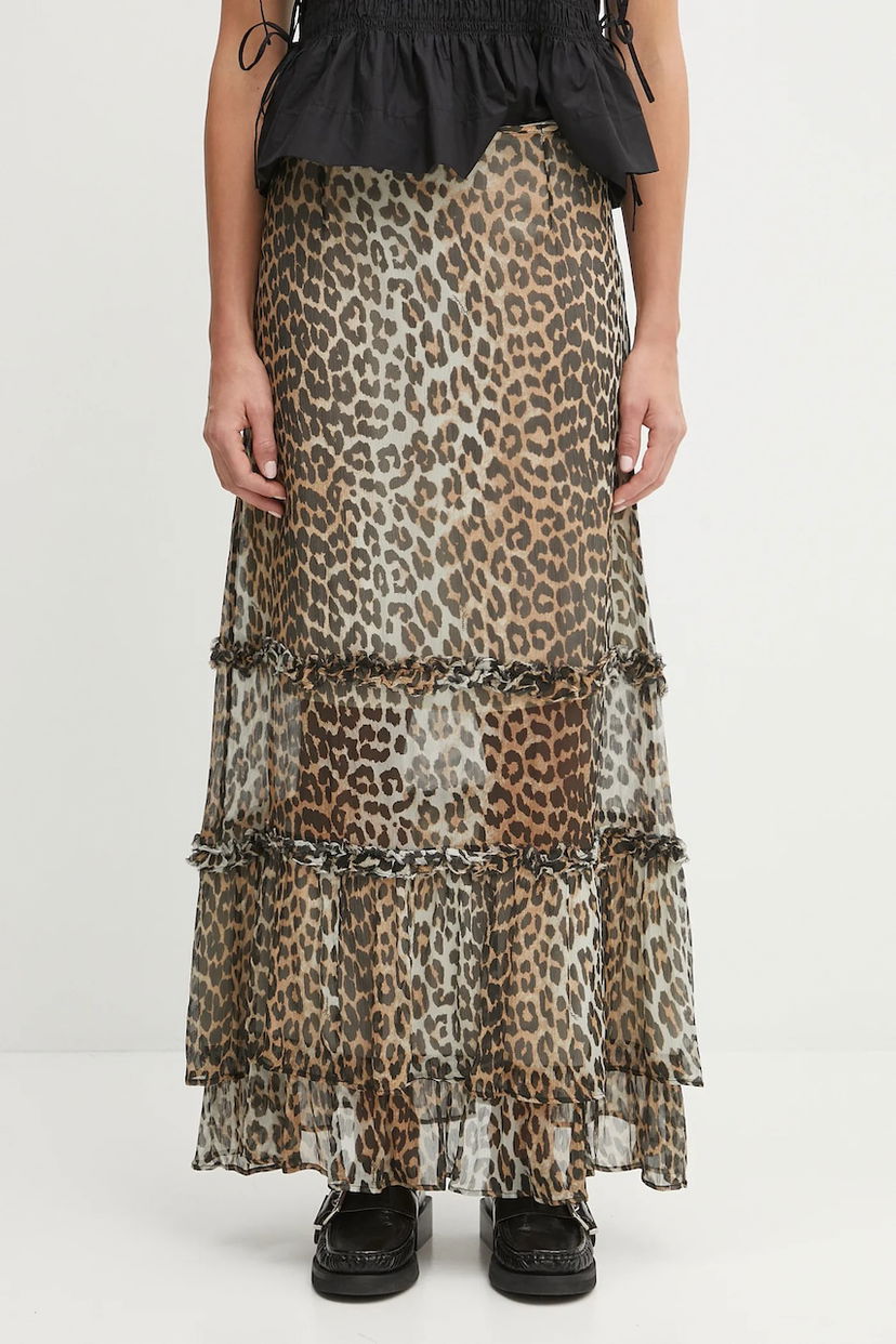 Спідниця GANNI GANNI Printed Viscose Chiffon Long Ruffle Maxi A-Line Skirt Коричневий | W0435