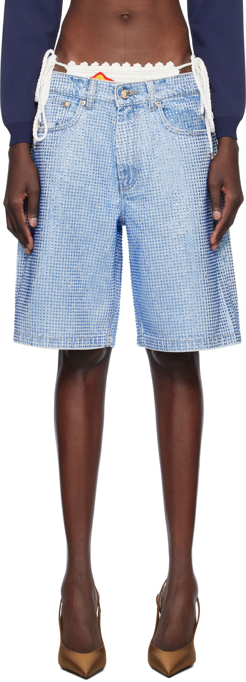 Шорти Casablanca Casablanca Crystal Embellished Denim Shorts Синій | WS25-TR-280-01