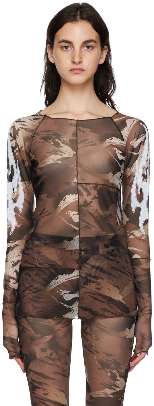 Футболка HERON PRESTON Nylon Long Sleeve T-Shirt Коричневий | HWAD028S22FAB0016401