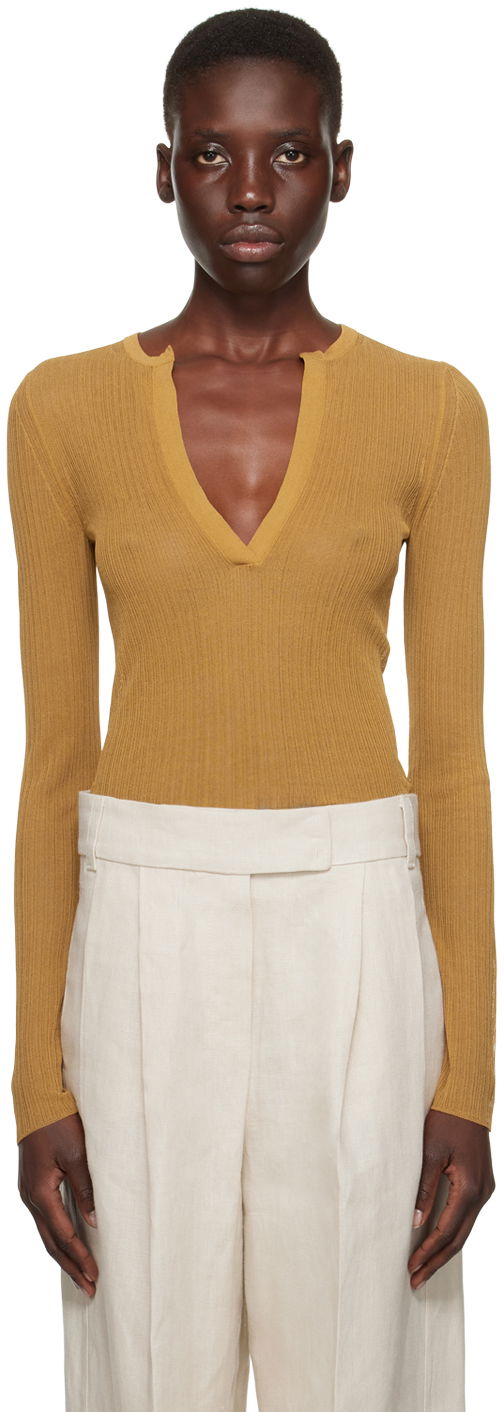 Cветр Max Mara Ribbed Knit V-Neck Sweater Коричневий | 2411361053600006