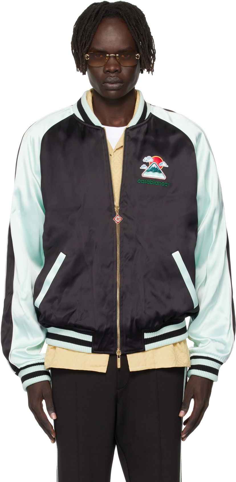 Куртка бомбер Casablanca Casablanca Embroidered Satin Bomber Jacket чорний | MPF25-JK-383-01