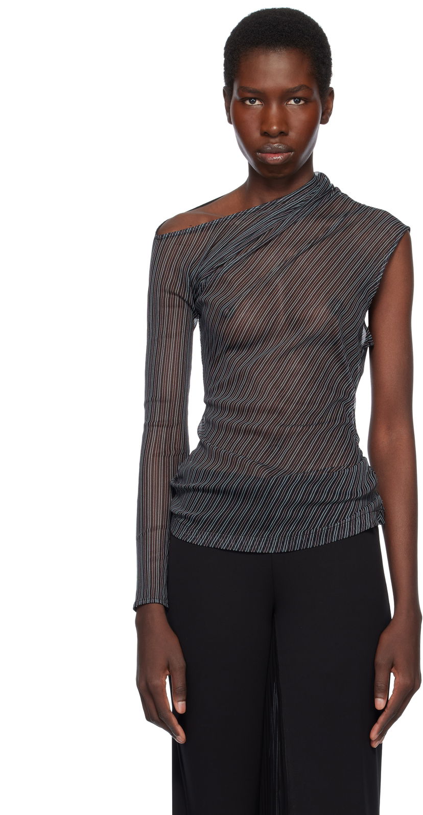 Футболка Courrèges Courrèges Asymmetric Striped Mesh Top чорний | 125JTO387PR0099