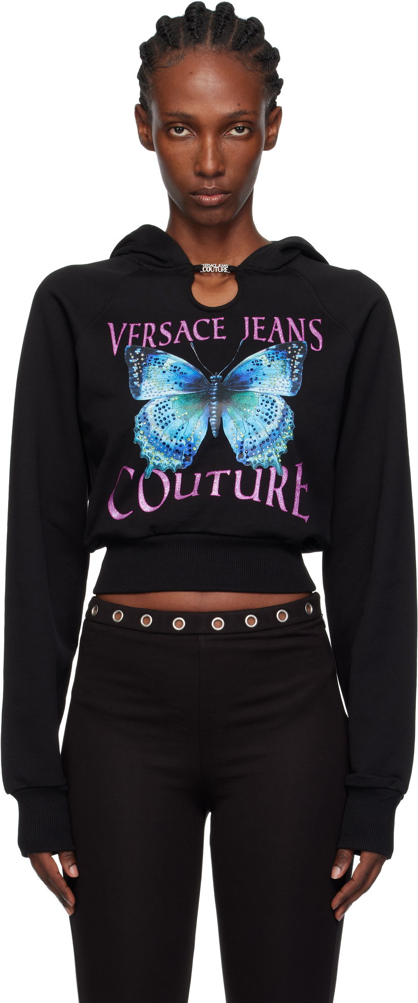 Світшоти Versace Versace Jeans Couture Butterfly Graphic Cropped Hoodie with Keyhole Detail чорний | 79HAIB01-CFB00
