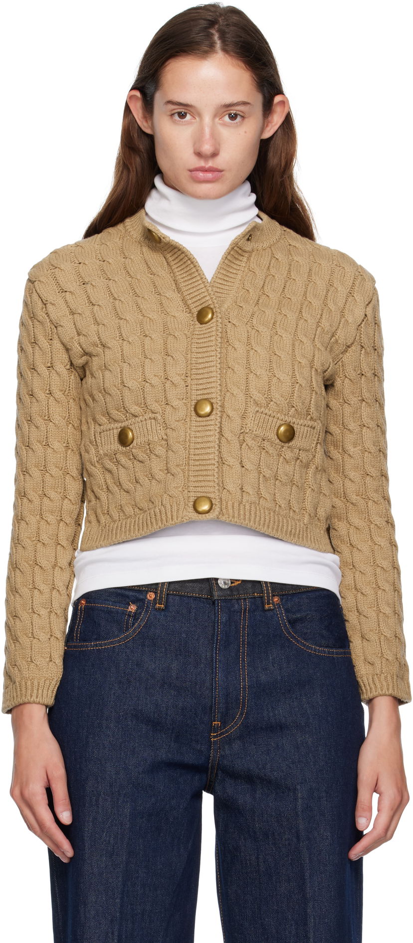 Cветр Moncler Moncler Cotton Blend Knit Cropped Cardigan бежевий | 0939B00004M7105
