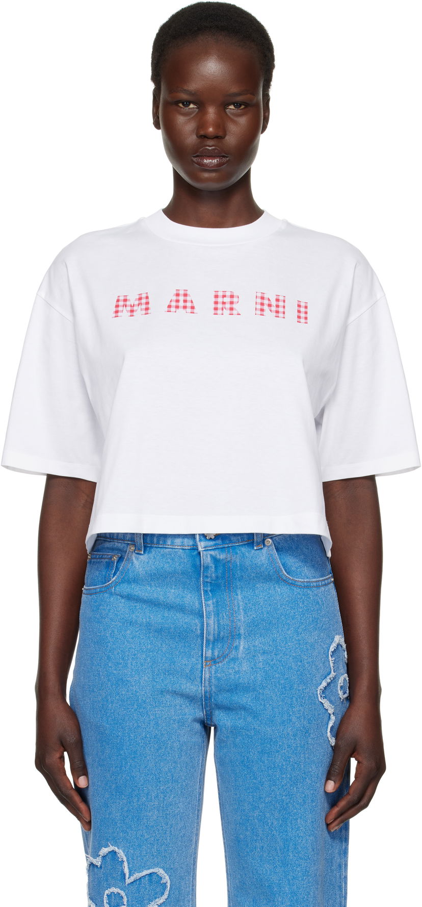 Кроп-топи Marni Marni Cropped Checked Logo T-Shirt білий | THJE0333P6 USCX52