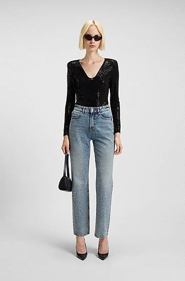 Боді BOSS Sparkling bodysuit in stretch jersey with stacked-logo trim чорний | 50546238, 1