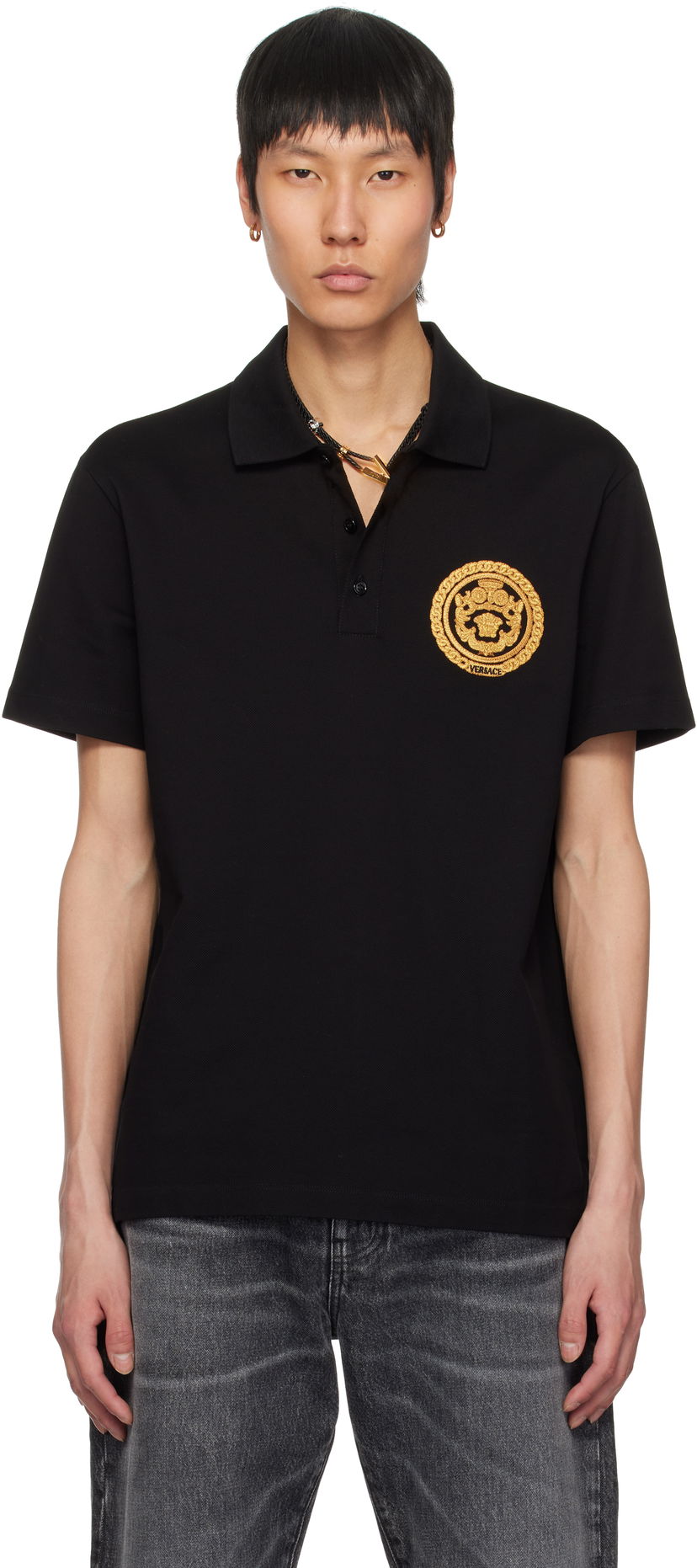 Сорочка поло Versace Versace Embroidered Chain Crest Polo чорний | 1013906_1A13413