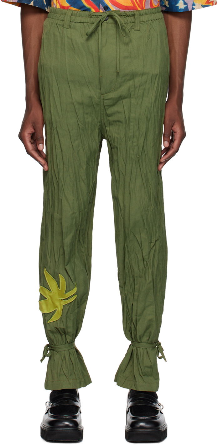 Штани Marni No Vacancy Inn Edition Crinkled Drawstring Trousers with Leaf Appliqué and Tied Cuffs Зелений | PUMU0228SX UTN906