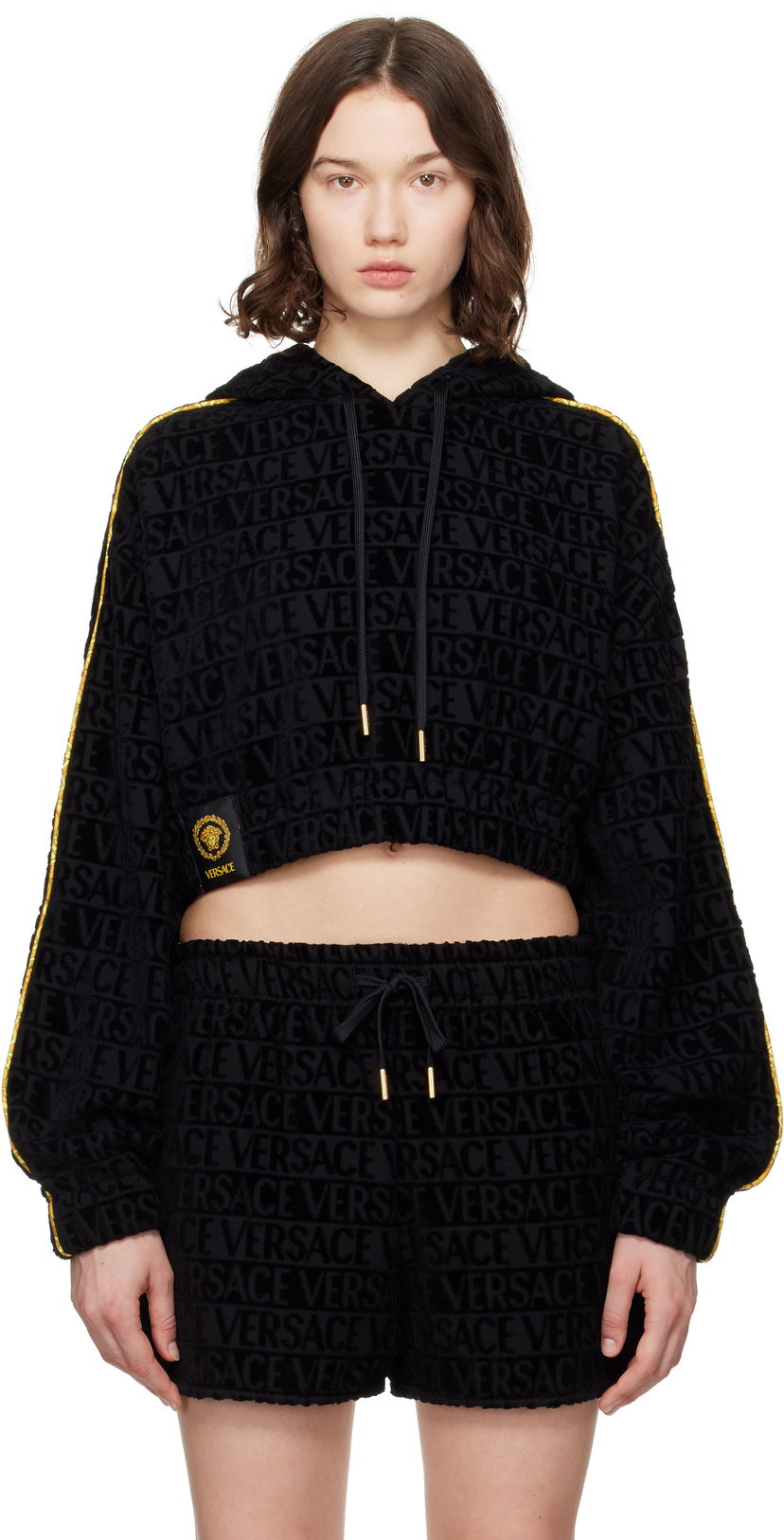 Світшоти Versace Versace 'I Heart Baroque' Crop Velour Hoodie чорний | 1020144_1A14584