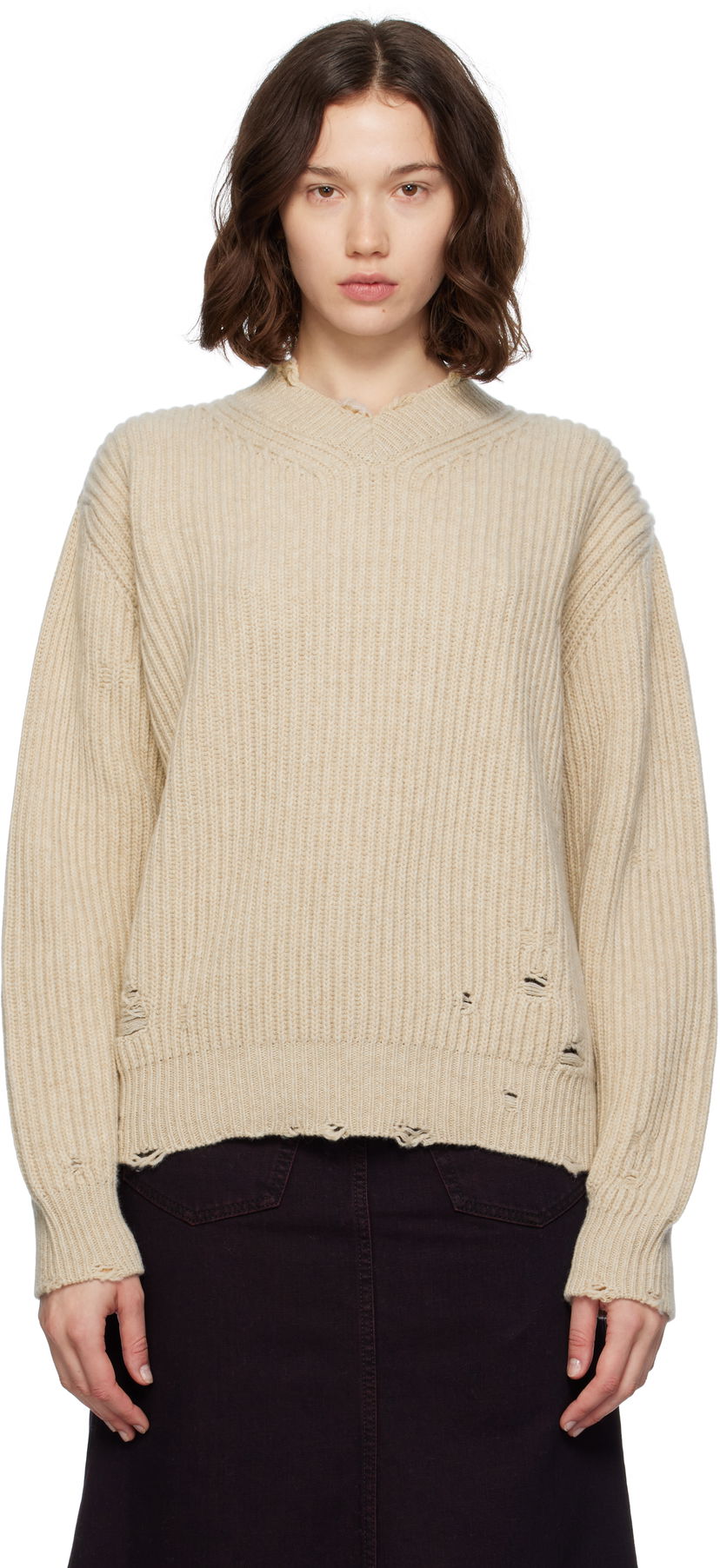 Cветр Maison Margiela MM6 Maison Margiela Distressed Wool Sweater бежевий | S52HN0011 M13138