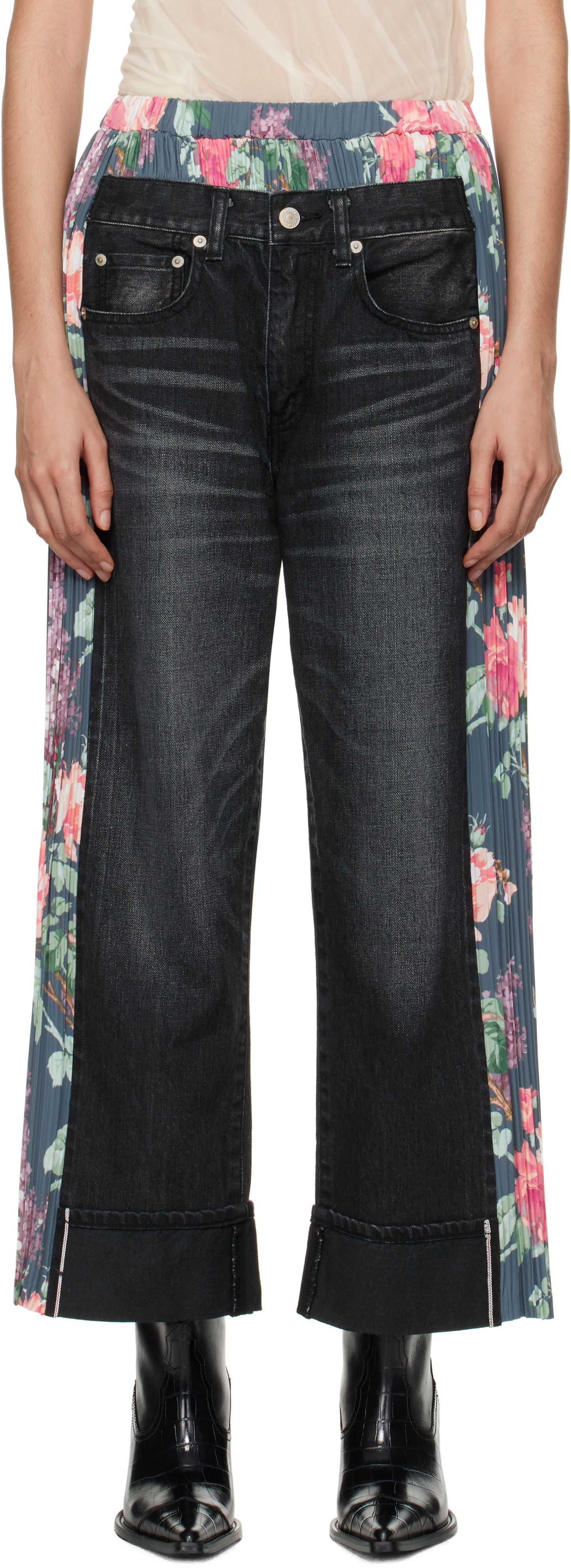 Джинси Junya Watanabe Flower Print Panel Jeans чорний | JN-P107-100, 0