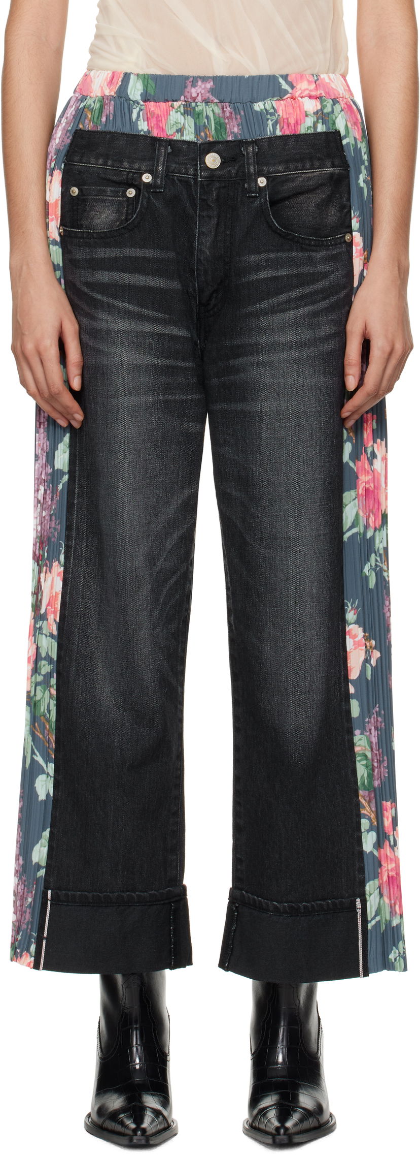 Джинси Junya Watanabe Flower Print Panel Jeans чорний | JN-P107-100