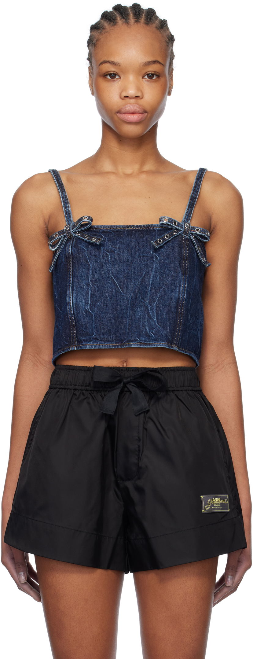 Безрукавка GANNI Blue Crinkled Future Denim Strap Top темно-синій | J1592