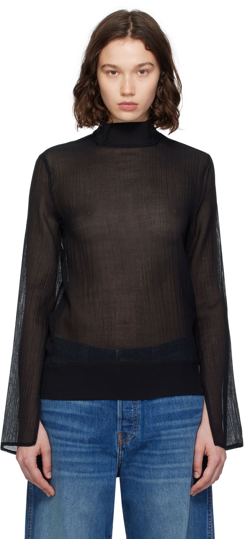 Сорочка TOTEME TOTEME Slit Sleeve Mock Neck Blouse чорний | 253-WRT0546-FB0462