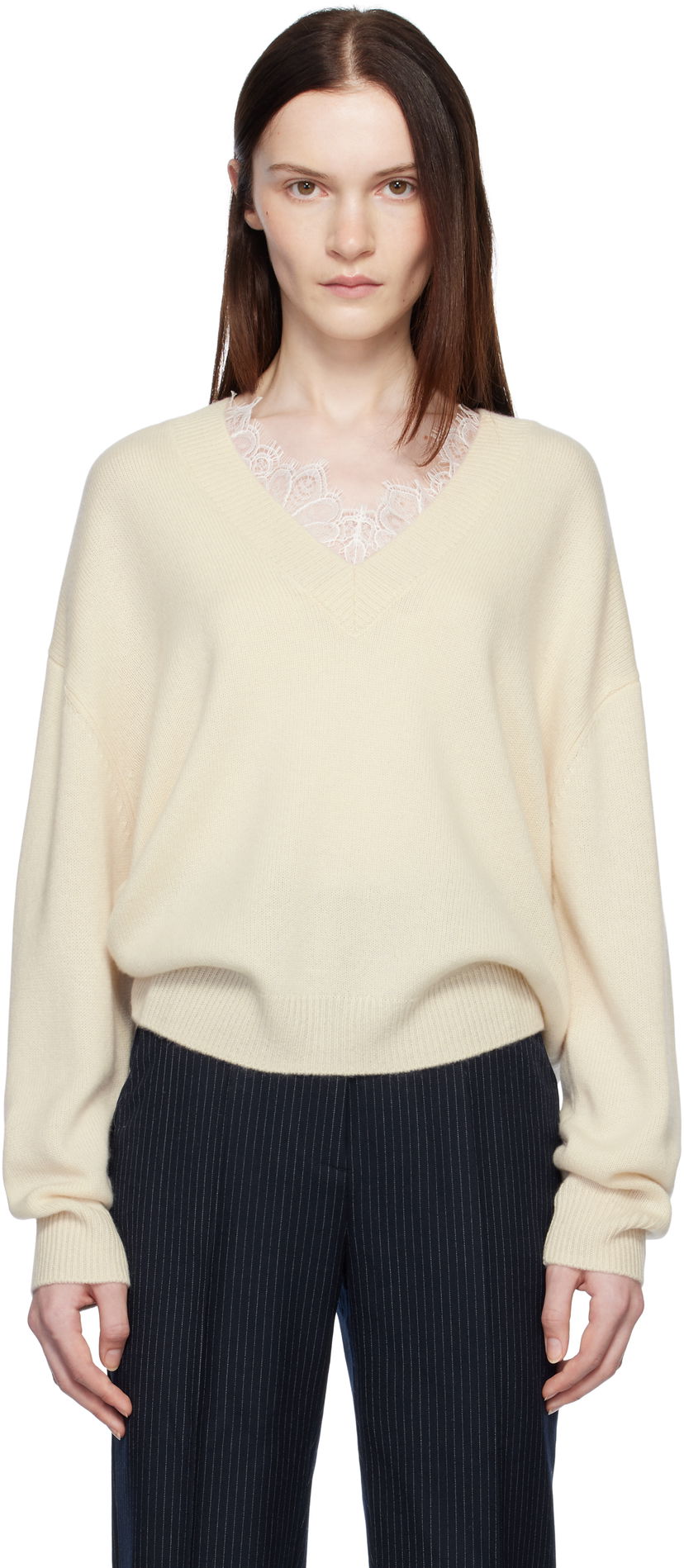 Cветр Anine Bing ANINE BING Lee Lace-Trim V-Neck Sweater бежевий | A-09-3280-101