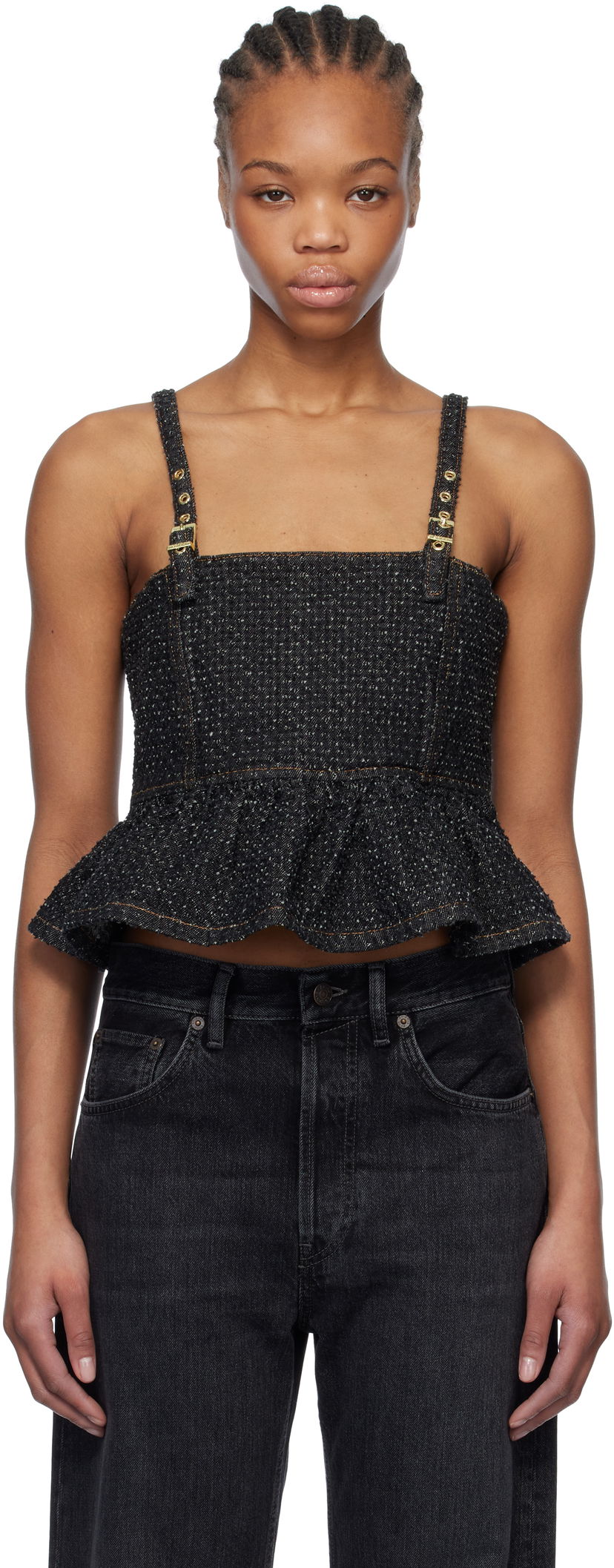 Кроп-топи GANNI Ganni Fluffy Denim Strap Top чорний | J1615