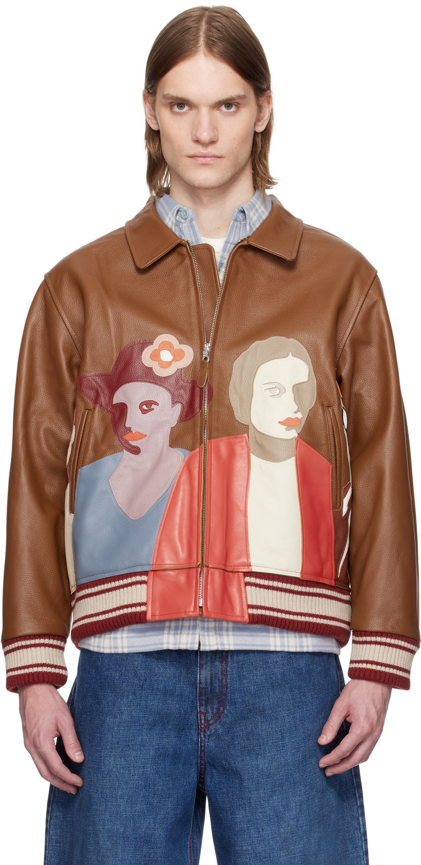 Куртка бомбер KidSuper KidSuper Patchwork Portraits Leather Varsity Jacket Коричневий | SS25-OW-03