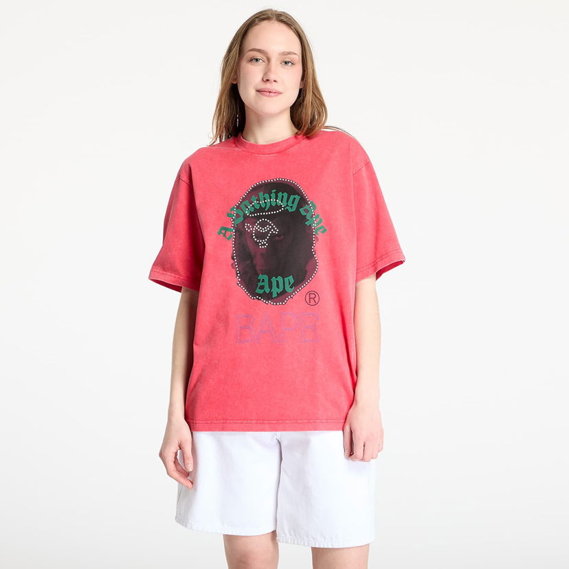 Футболка BAPE A BATHING APE Garment Dye Rhinestone Ape Head Relaxed Fit Tee Рожевий | 001CSL301309MRED
