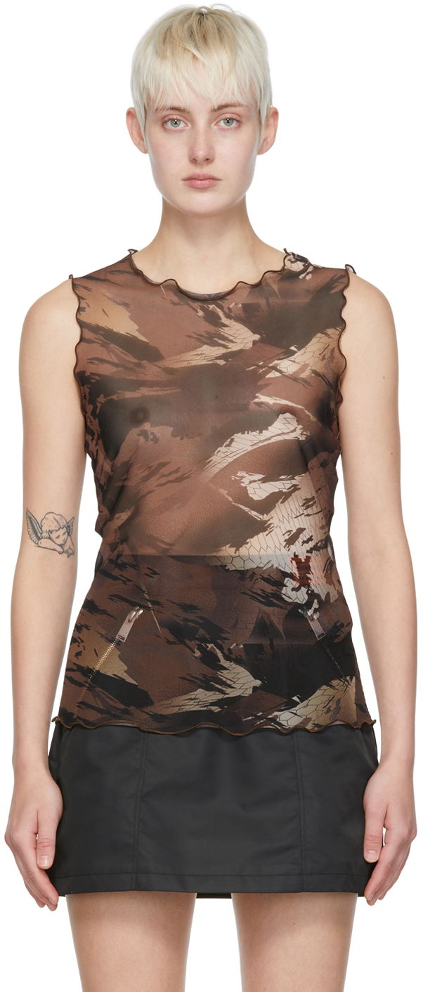 Безрукавка HERON PRESTON Printed Nylon Tank Top Коричневий | HWAC003S22FAB0026400