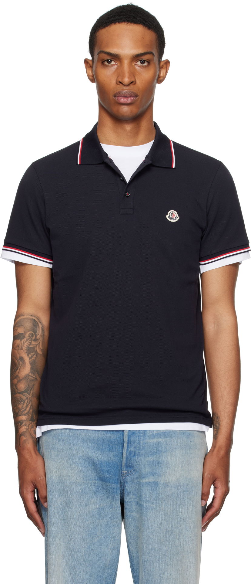 Сорочка поло Moncler Moncler Tricolor-Trimmed Cotton Piquet Polo темно-синій | K20918A7030084556