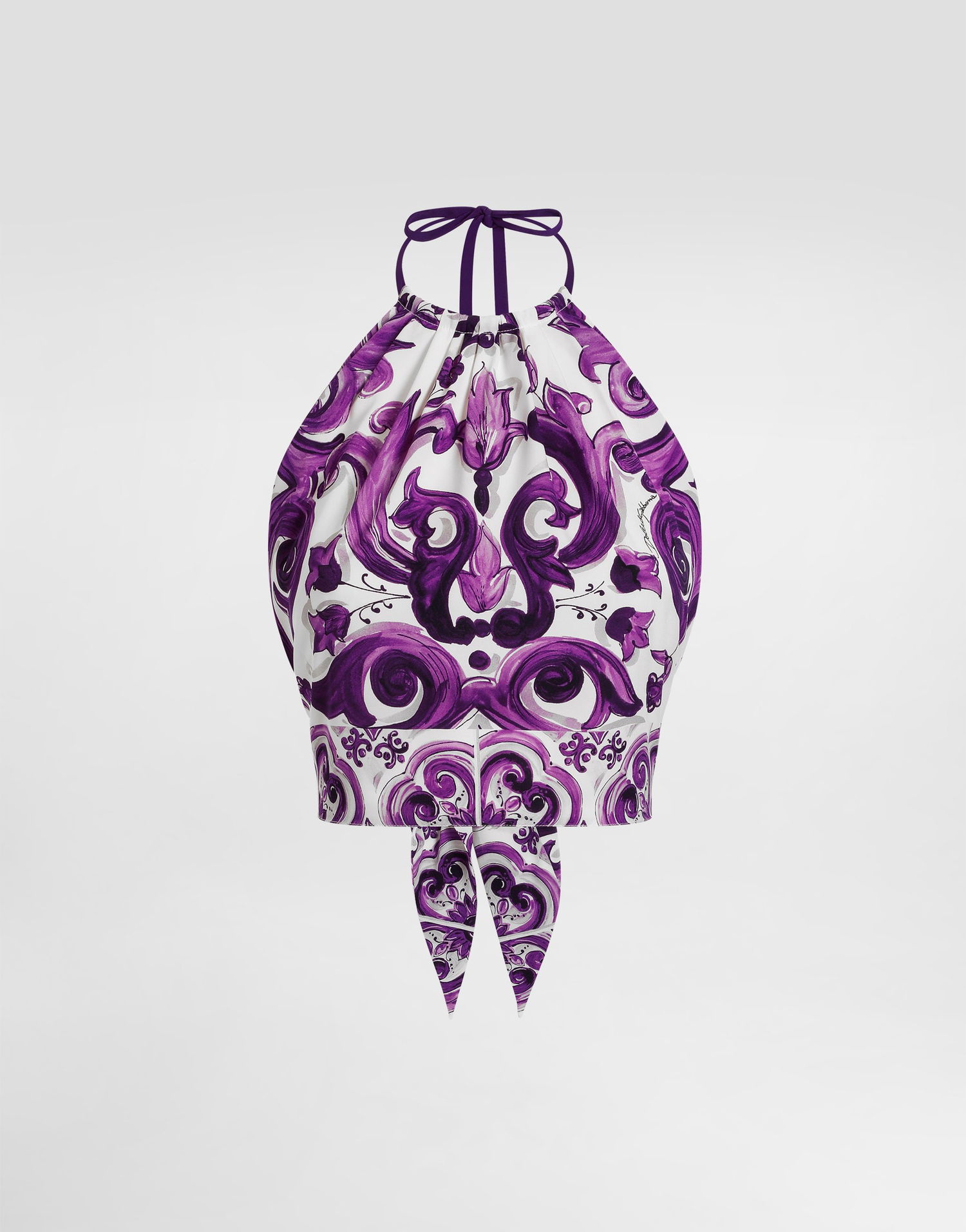 Безрукавка Dolce & Gabbana Dolce & Gabbana Majolica-Print Charmeuse Halter Tie Top Фіолетовий | F7BA8THPAE2H15DQ, 0