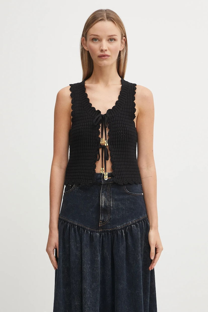 Жилет GANNI GANNI Cotton Textured Lace Tie-Front Vest чорний | K2541