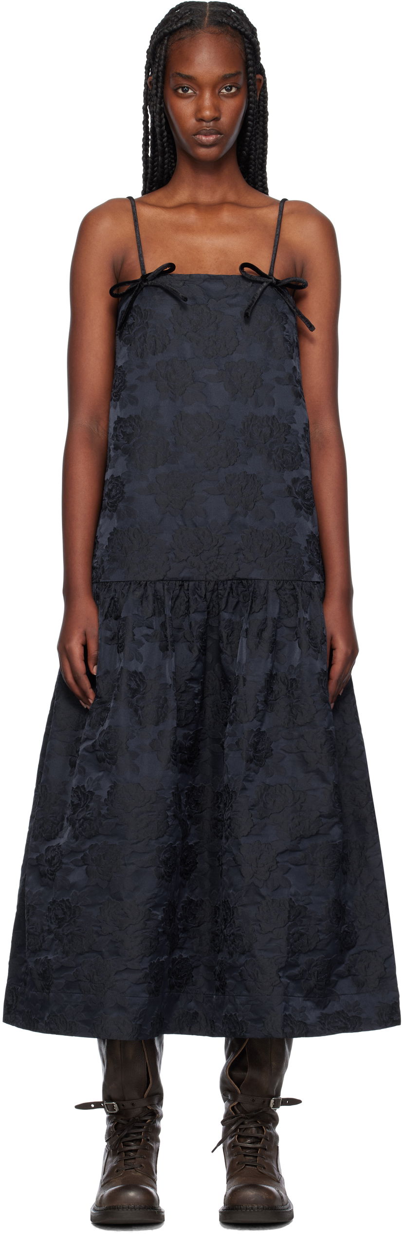 плаття GANNI Botanical Jacquard Strap Midi Dress чорний | F9705