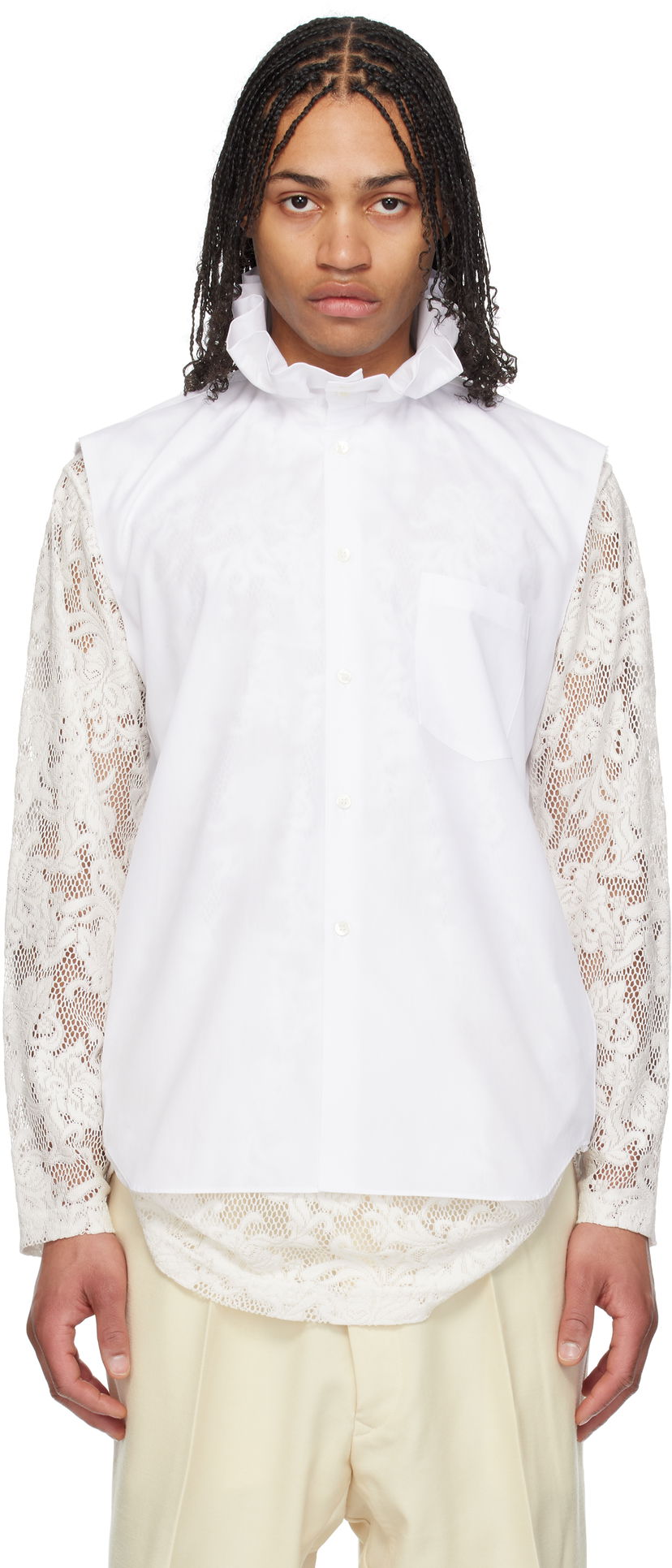 Сорочка Comme des Garçons Comme des Garçons Homme Plus Cotton Sleeveless Shirt with Lace Sleeves білий | PO-B029-051