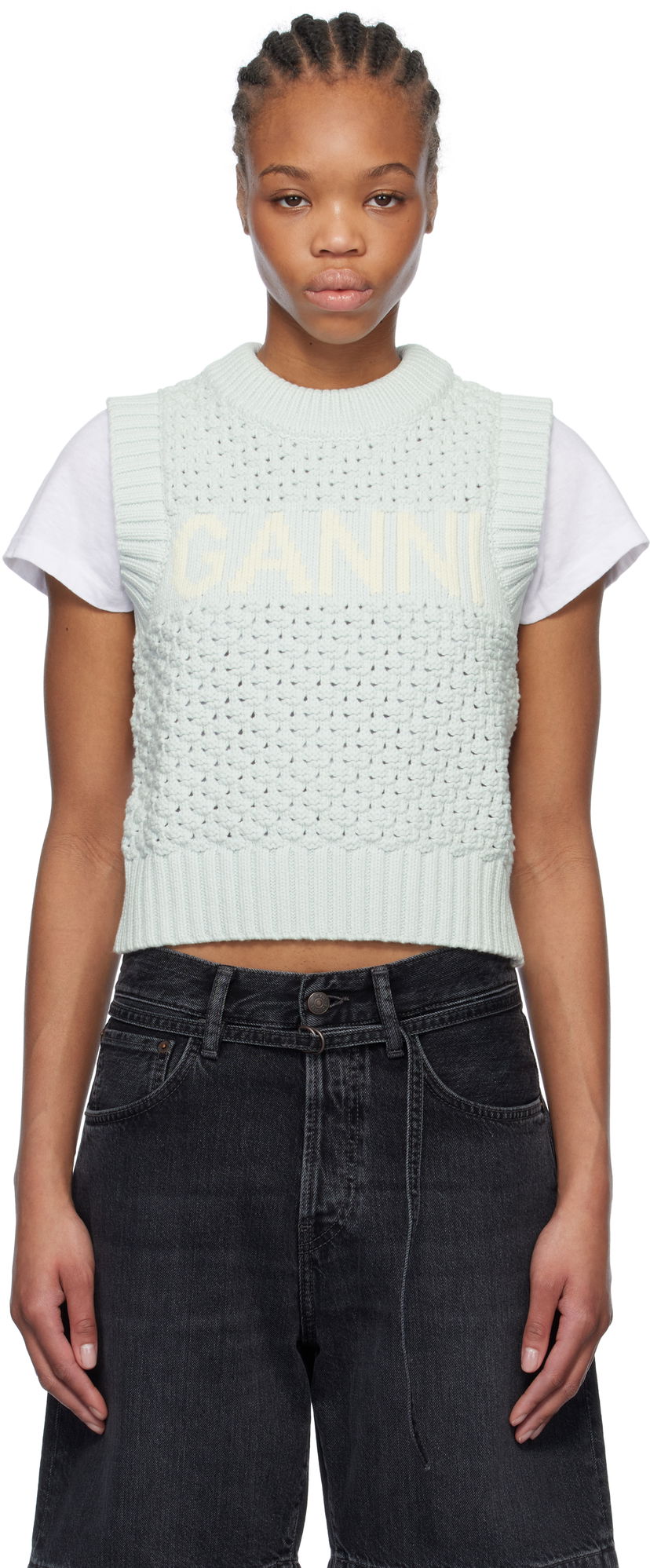 Cветр GANNI GANNI Textured Cotton Knit Vest Зелений | K2348