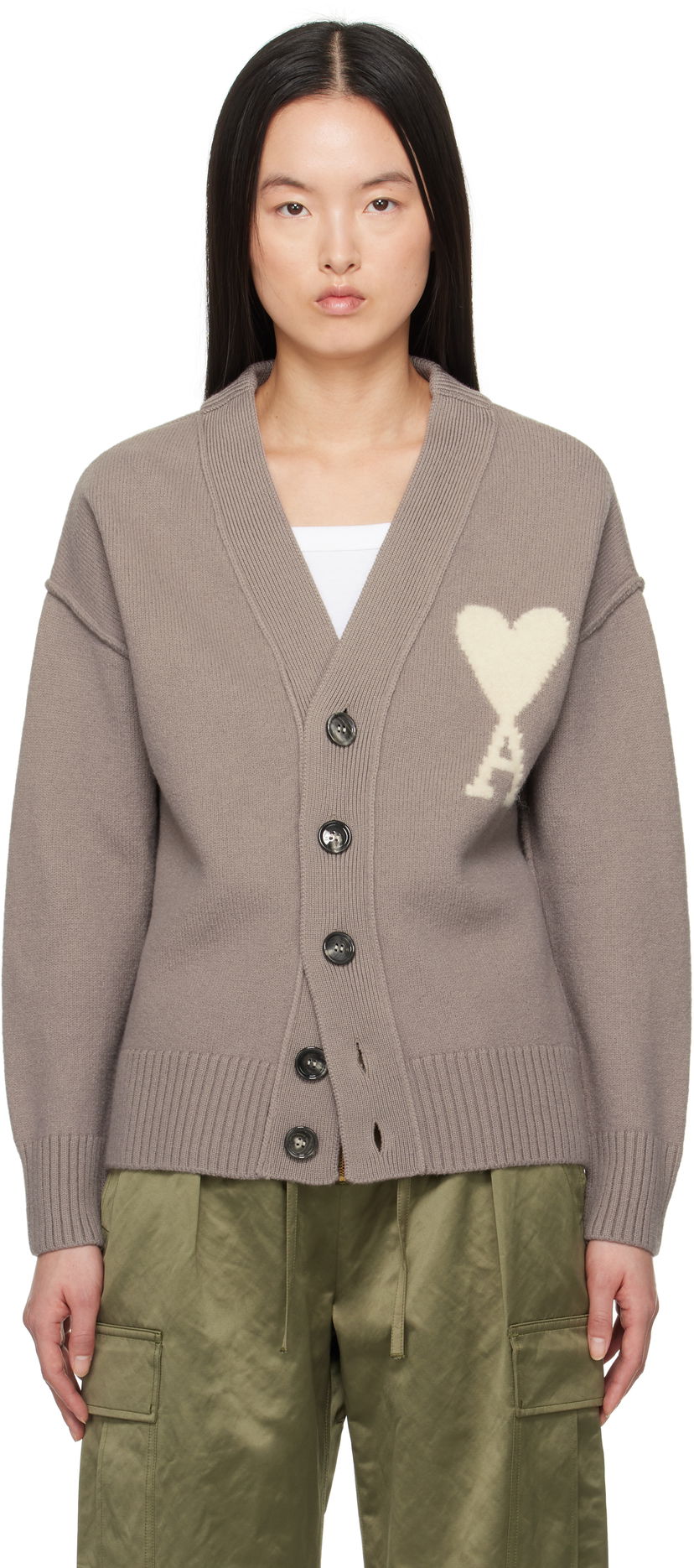 Cветр AMI AMI Paris Ami de Coeur Wool Cardigan Сірий | UKC090.KN0090