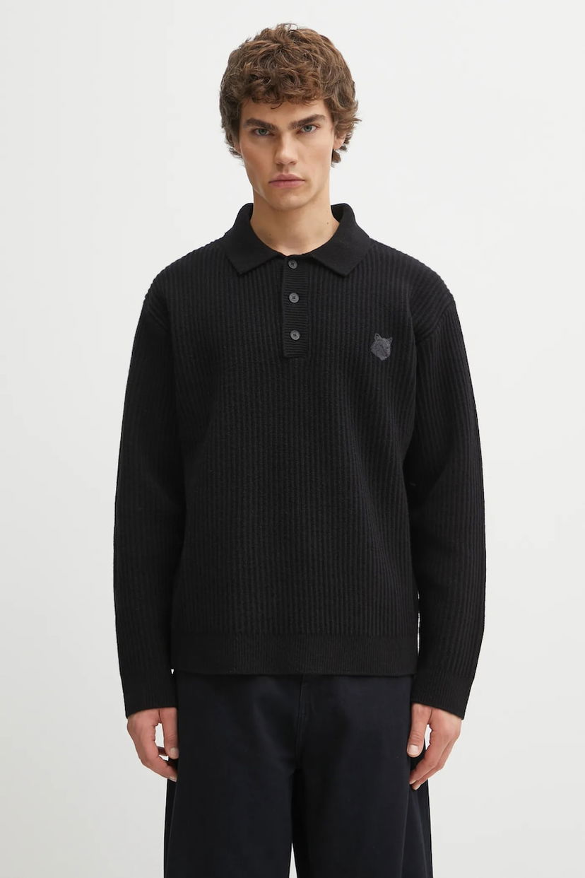 Сорочка поло MAISON KITSUNÉ Fox Head Wool Ribbed Polo чорний | PM00213KT1149