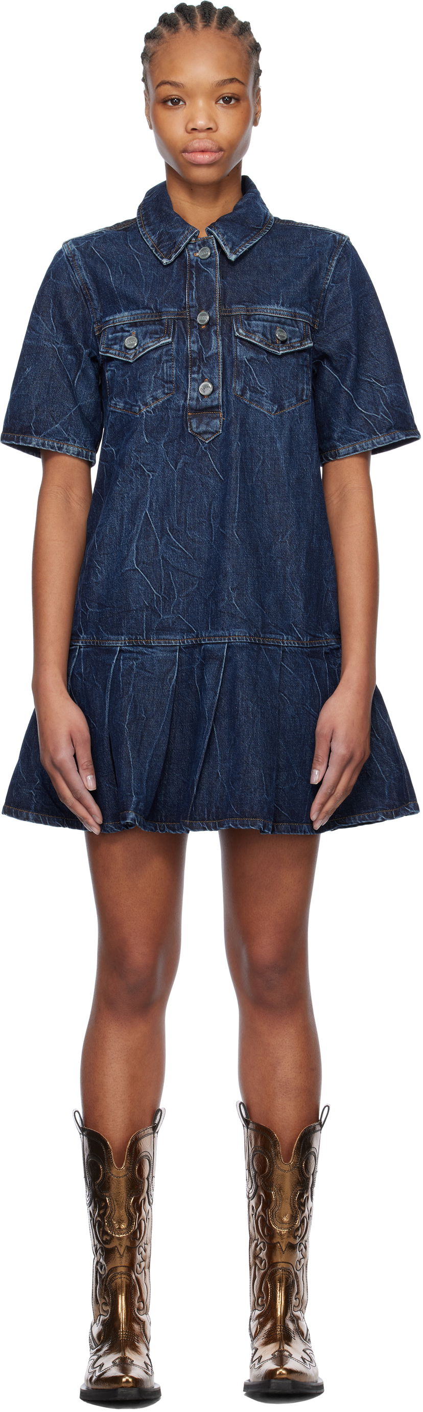 плаття GANNI Ganni Crinkled Future Denim Mini Dress Синій | J1594