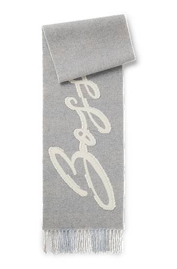 Шарф BOSS Wool-blend Scarf with Script Logo and Fringes Сірий | 50558654, 0
