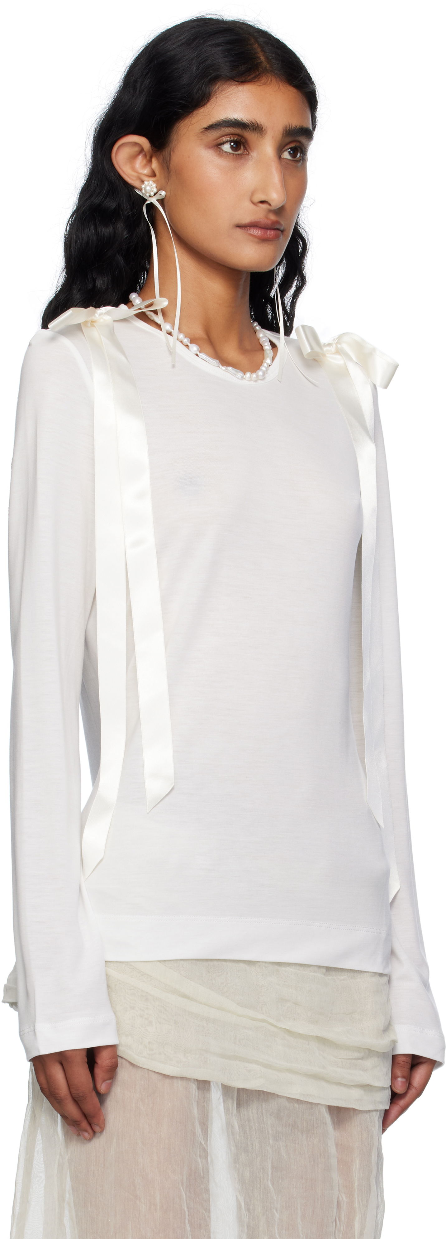 Футболка Simone Rocha Simone Rocha Bow Ribbon Tail Long Sleeve T-shirt білий | 5367 0571, 1