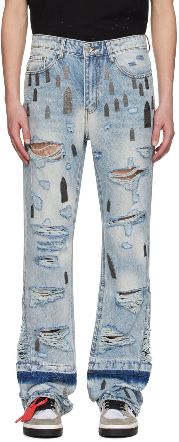 Джинси Who Decides War Amplified Gnarly Flared Jeans with Tombstone Appliqués Синій | 1120800008SS24
