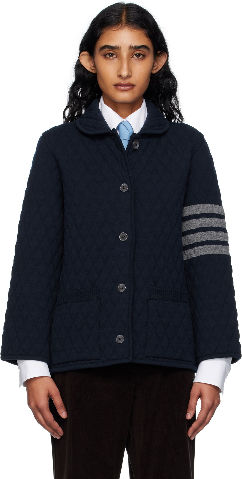 Куртка Thom Browne Thom Browne Quilted Knit Merino Wool 4-Bar Work Jacket темно-синій | FKJ117A-Y1029