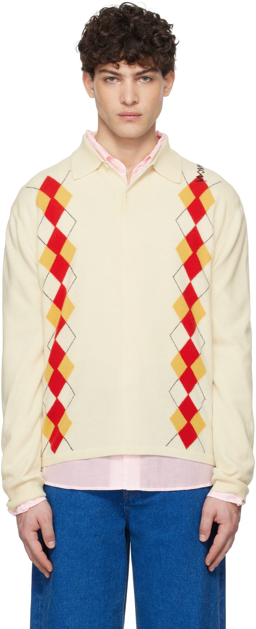 Cветр Marni Marni Argyle Detail Knit Polo Shirt бежевий | POMG0072Q2 UFH546
