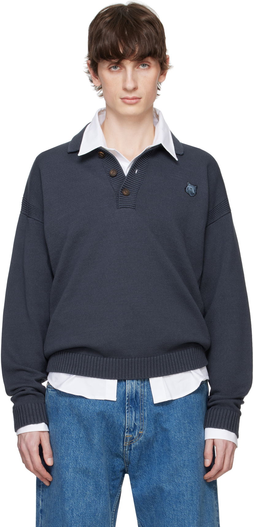 Cветр MAISON KITSUNÉ Maison Kitsuné Fox Head Patch Comfort Polo Сірий | OM00202KT1099