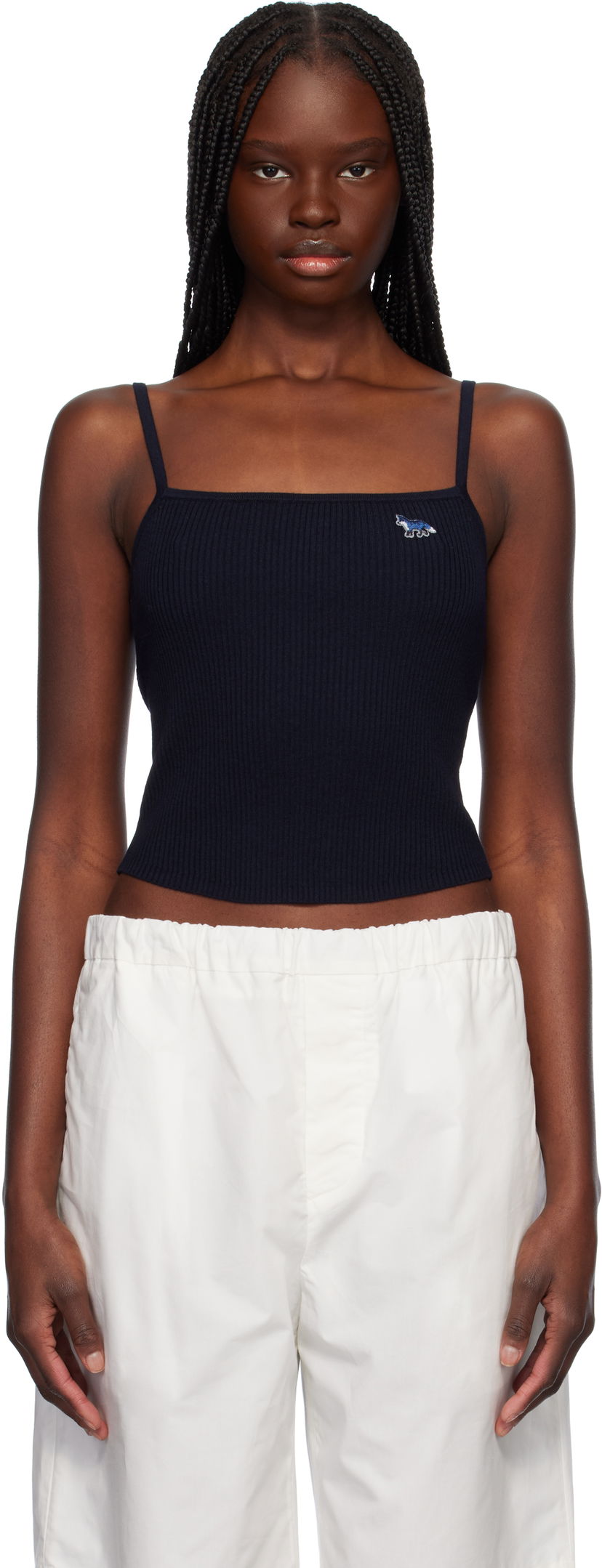 Безрукавка MAISON KITSUNÉ Maison Kitsuné Baby Fox Patch Fine Rib Cropped Camisole темно-синій | OW00601KT1091