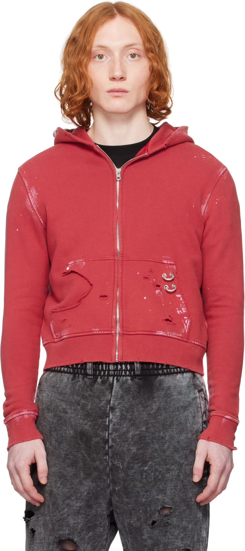 Світшоти We11done We11done Pierced Zip-Up Hoodie Червоний | WD-TJ0-25-821-U-RD