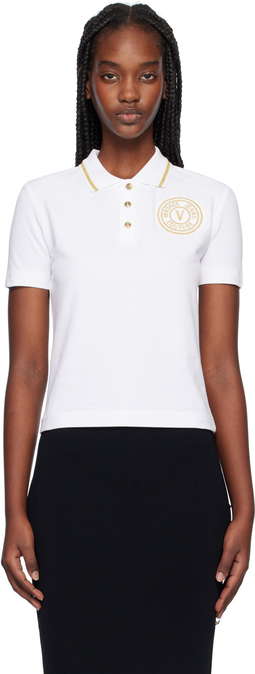 Сорочка поло Versace White Cropped Polo with Gold Emblem білий | E77HAGT00_ECJ01T